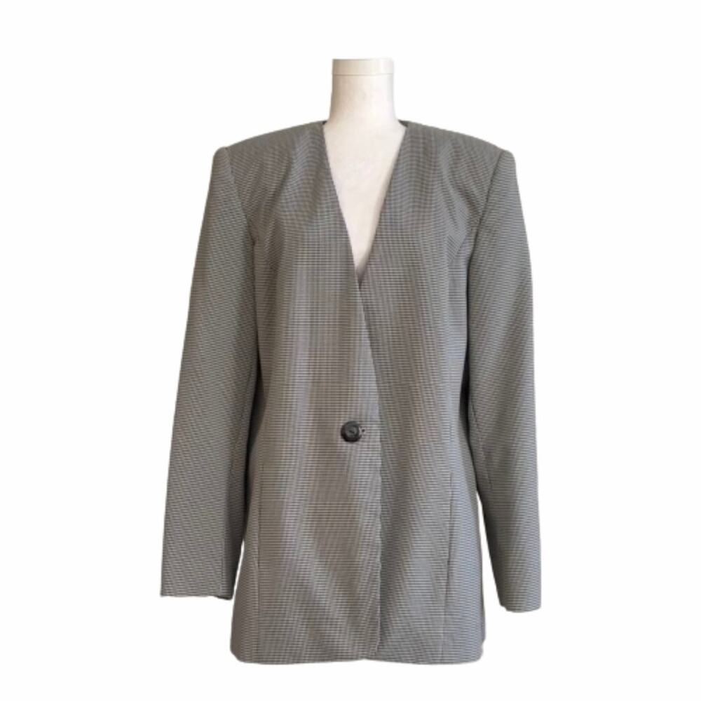 Liz Baker Blazer Essentials Black White Checkered One Button Front Size 14 Tall